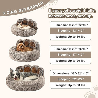 Jiupety Paw Shape Calming Pet Bed, Plush Faux Fur Donut Bed for Dogs & Cats, Machine Washable, Non-Slip Bottom, Large Size (26"×26"×8"), Gray
