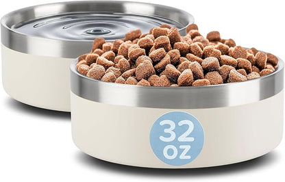 Set of 2 Stainless Steel Dog Bowls - 32oz or 4 Cups Double Wall Insulated Food and Water Bowls for Dogs and Cats, Non Slip Metal Pet Dishes for Small-Medium Pets, Puppy Essentials by PETMAKER (Cream)