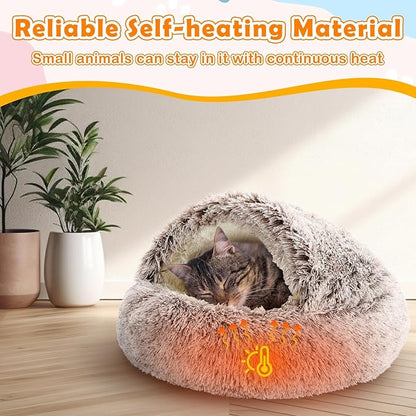 Cinnvoice 2 Pcs Self Warming Cat Beds with Hood, Self Heating Dog Cave Bed, Fluffy Round Covered Pet Pad, Plush Hooded Pet Beds with Non-Slip Bottom for Indoor Cat or Small Middle Dog(Coffee,24 in)