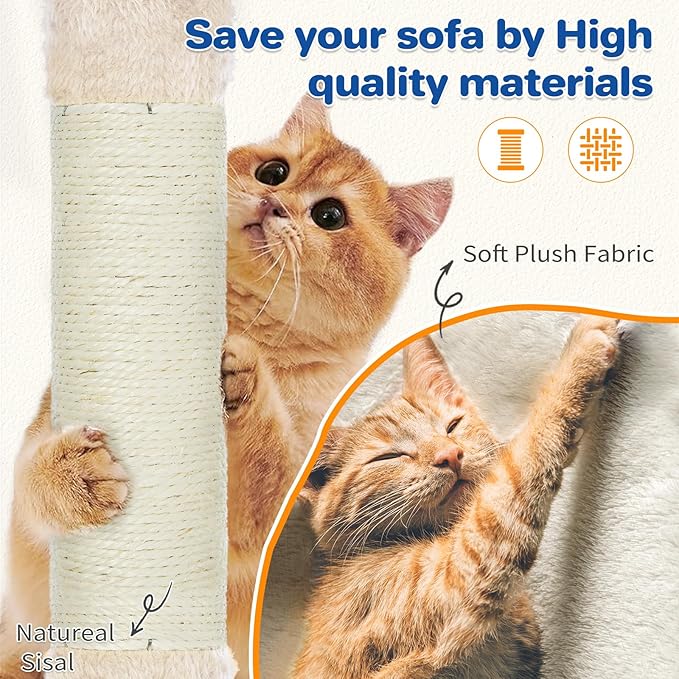 ABCPET Cat Tree Tower 63in Multi-Level Cat Tower for Indoor Cats with Sisal Scratching Posts, Condo, Hammock, Dangling Ball and Extended Platform for Cats to Play, Beige