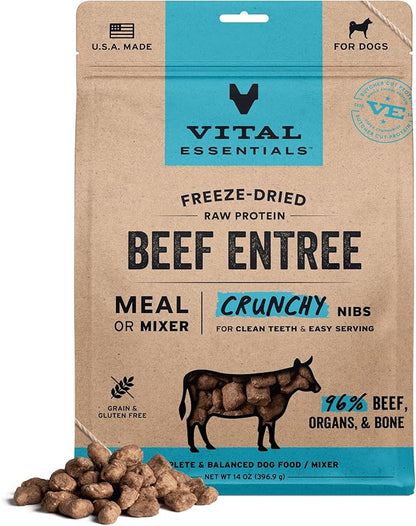 Vital Essentials Freeze Dried Dog Food, Raw Beef Crunchy Nibs | Complete Meal or Topper | 96% Beef, Organs & Bone | Limited Ingredient, High Protein, Grain Free Dry Dog Food | 14 oz Bag