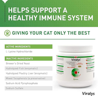 Vetoquinol Viralys Daily L-Lysine Powder for Cats and Kittens, Fish Flavored Lysine Supplement for Cats and Kittens to Support Immune Health, Normal Eye Function and Respiratory Health, 100gm