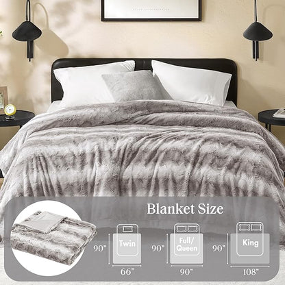 Madison Park Ultra-Soft Poly Fur Blanket King Size, Reversible Plush, All Season & Lightweight Fuzzy Blanket for Bed, Couch & Sofa, Zuri, King/Cal King Grey