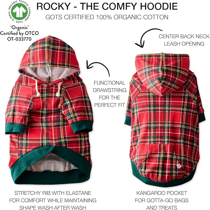 Pet Passion Rocky – The Original Lightweight Hooded Tee 100% Organic Cotton Dog Hoodie Pet Coat Sweater for All Sized Dogs, Royal Stewart Plaid, Large (40-60 lbs)