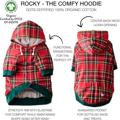 Pet Passion Rocky – The Original Lightweight Hooded Tee 100% Organic Cotton Dog Hoodie Pet Coat Sweater for All Sized Dogs, Royal Stewart Plaid, X-Small (5-12 lbs)