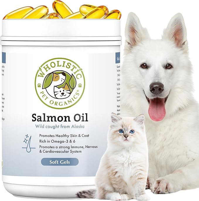Wholistic Pet Organics Wild Alaskan Salmon Oil for Dogs and Cats - Omega 3 Fish Oil for Dogs & Cats - Cat & Dog Skin and Coat Supplement, Heart and Joint Health - DHA, EPA Omega 3 6 9-500 Soft Gels