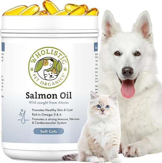 Wholistic Pet Organics Wild Alaskan Salmon Oil for Dogs and Cats - Omega 3 Fish Oil for Dogs & Cats - Cat & Dog Skin and Coat Supplement, Heart and Joint Health - DHA, EPA Omega 3 6 9-500 Soft Gels