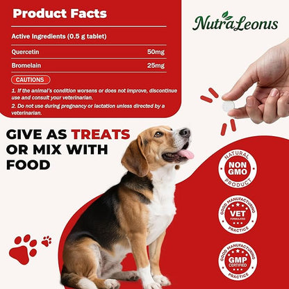 Quercetin for Dogs with Bromelain, Soothe Itchy Skin, Ear Infections, Seasonal Allergies, Immune Boost & Supports Healthy Digestion，Natural Formula – 120 Tablets