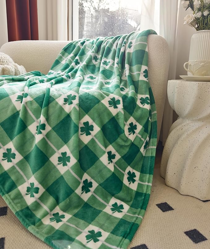 Elegant Comfort Velvet Touch Ultra Plush St Patricks Day Lucky Spring Green Clover Shamrock Irish Printed Fleece Throw/Blanket-50 x 60inch, Lucky Plaid Clover