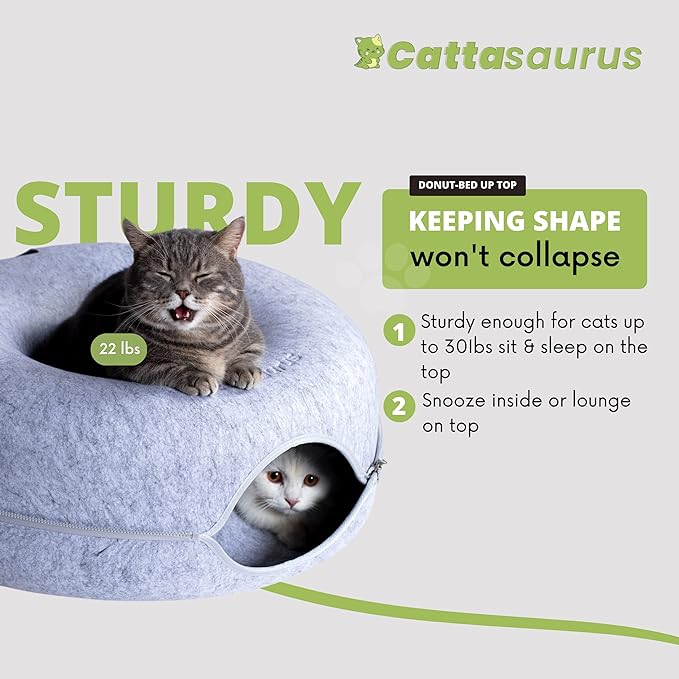 Cattasaurus Peekaboo Cat Cave Donut for Multiple & Large Cats up to 30-45 lbs, 3-in-1 Self Warming Cat Bed, Tunnel & Scratcher for Indoor Cats, Washable & Detachable Small Dog Bed (Light Gray, Large)