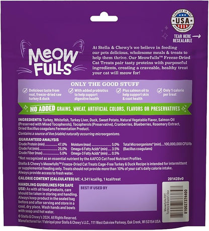 Stella & Chewy's Meowfulls Freeze Dried Cat Treats - Turkey & Duck Recipe - Raw Protein with Probiotics-& Salmon Oil - 1 Calorie Per Treat - 1.5 oz,(Pack of 2)
