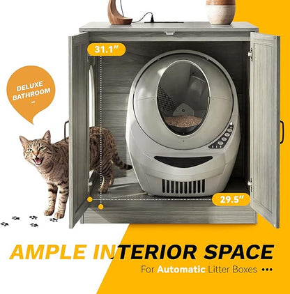 YITAHOME Large Hidden Litter Box Furniture with Power Outlets, Wooden Cat Litter Box Enclosure for Self-Cleaning Litter Boxes, Indoor Wooden Storage Cat Cabinet, Wash Grey