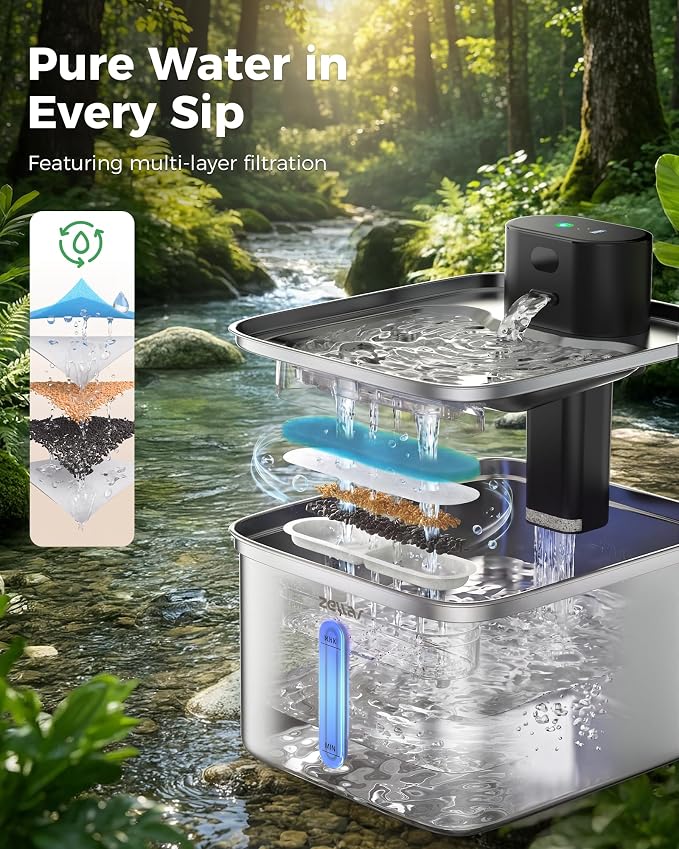 Wireless Cat Water Fountain, 99oz/2.8L Pump-Free Ultra-Quiet Pet Water Dispenser, 304 Stainless Steel with Multi-Layer Filtration, 3 Smart Modes & Motion Sensor, Fountain for Cats/Dogs
