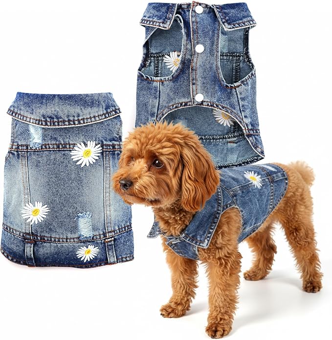 Pawstrip Dog Denim Jacket with Embroidered Daisy, Ripped Vintage Jean Vest for Small Dogs, Pugs, Chihuahuas, Spring Summer Fall Festival Outfit, X-Large (Fits Chest 17-18")