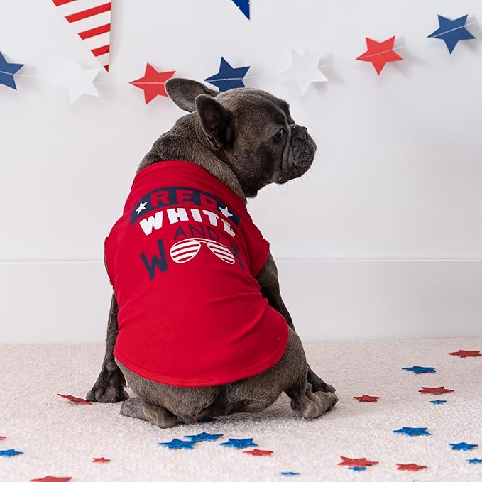Fitwarm Patriotic Red White and Woof Dog Shirt, 4th of July Dog Clothes for Small Dogs Boy Girl, Funny Doggy Summer Clothes, Pet Outfit, Red, Blue, White, XS