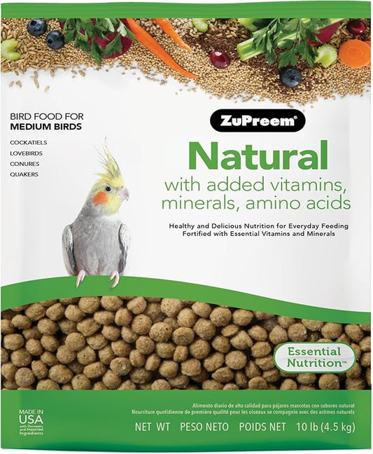 ZuPreem Natural Bird Food, Daily Bird Feed Pellets for Cockatiel, Lovebird, Quaker, Small Conure, Lorikeet, ZuPreem Core Nutrition, Added Vitamins, Made in USA, Cockatiel Food, (Medium, 10 lb Bag)