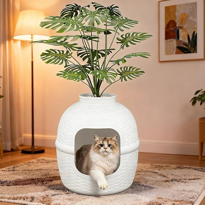 Cat Litter Box, Hidden Litter Box with Faux Plant, Heavy Duty Litterbox Enclosure Furniture with Rattan Pattern, PP Cat Box Enclosure Furniture for Living Room, Bedroom, White