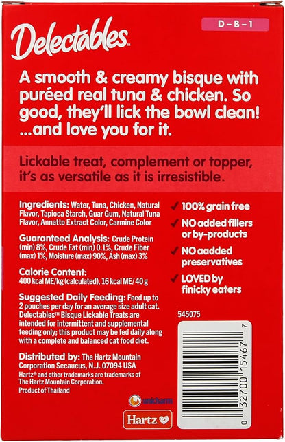 Delectables Lickable Treat Bisque Non-Seafood Wet Cat Treat with Real Tuna & Chicken, Food Topper, Hydrating, Grain-Free, No Fillers, By-Products, Added Preservatives, 1.4oz Pouch, 30ct