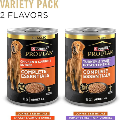Purina Pro Plan Wet Dog Food Grain Free Complete Essentials Variety Pack,Chicken and Carrots and Turkey-and Sweet Potato Entrees - 13 oz. Cans,(Pack of 24)