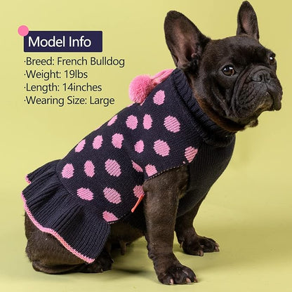 KYEESE Dog Sweaters with Leash Hole Small for Girl Dog Sweater Dress Polka Dot Knit Warm Dogs Clothes with Pom Pom Ball, XS