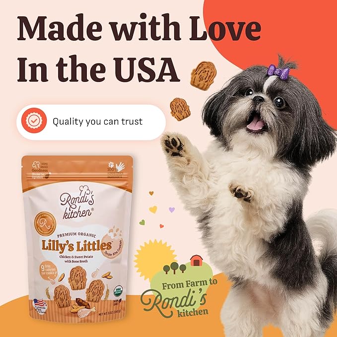 Rondi's Kitchen Lilly's Littles Organic Tender Dog Treats - Natural Doggie Cookie for Small Dogs, Puppy, Senior, Training - Human Grade Superfood Biscuit with Bone Broth - Chicken & Sweet Potato