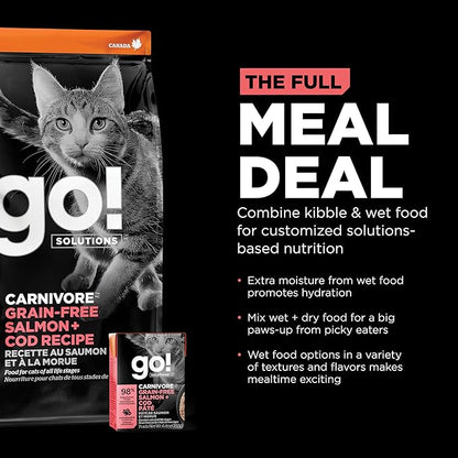 Go! Solutions Carnivore Salmon + Cod Grain-Free Dry Cat Food, Our Highest-Protein Kibble Made with Real Meat & Fish, Chicken-Free Recipe, for Kittens, Adults & Seniors, 8 lb Bag