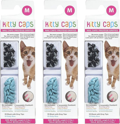 Kitty Caps Nail Caps for Cats, Black with Gray Tips & Baby Blue - Safe, Stylish & Humane Alternative to Declawing Stops Snags & Scratches, Medium (9-13 lbs), 40 Count - 3 Pack
