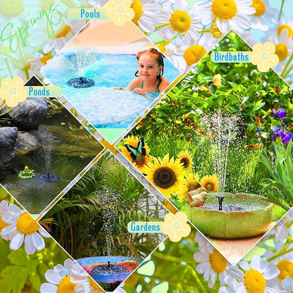 AMZtime Solar Fountain, 2026 Upgraded Solar Water Fountains with 6 Nozzles, Free Standing Floating Solar Powered Water Fountain Pump for Bird Bath, Garden, Pool, Pond and Outdoor