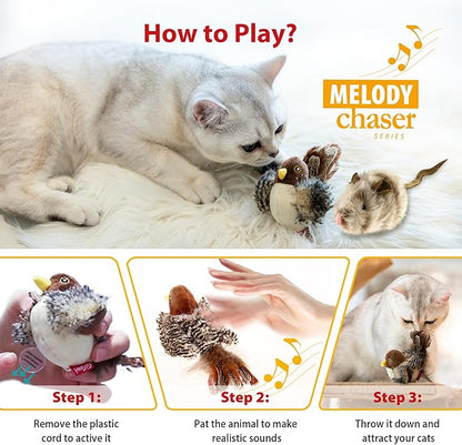 Gigwi Automatic Cat Toys Pack, Interactive Electronic Squeaky Animals Bird and Mouse, Plush Toys for Cats to Play Alone, 2 Pcs