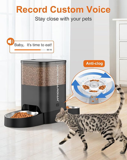 HoneyGuaridan Automatic Cat Feeder for 2 Cats, 2.4/5G WiFi Smart Feed Pet Feeder with Stainless Steel Bowl,APP Control Dispenser, Dual Power Supply,Desiccant Bag,10s Meal Call Black | Pet Feeder with Stainless Steel Bowl,Automatic Cat Food Dispenser,Mu...