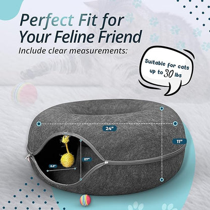 MEOWMATES Peekaboo Cat Tunnel Bed with Hanging Ball Toy – Large Cat Tunnels for Indoor Cats up to 30lbs – Round Cat's cave Bed with Scratch-Resistant, Easy to Wash & Cozy Design (24x24x11)