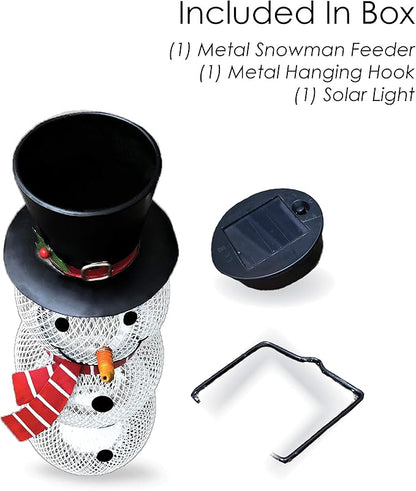 Backyard Expressions Metal Snowman Bird Feeder with Solar Light – Hanging Mesh Bird Feeder for Outside, Winter Garden Décor, Rust-Resistant Christmas Bird Feeder for Cardinals, Finches & Songbirds