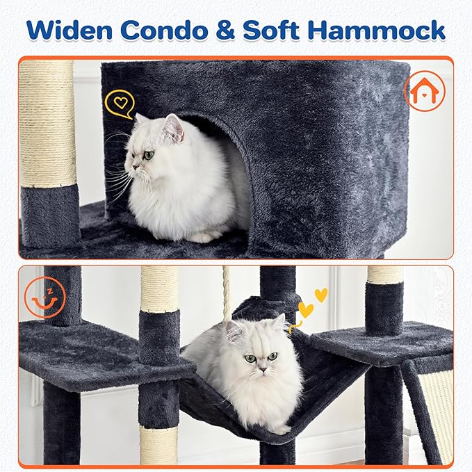 ABCPET Cat Tree Tower 63in Multi-Level Cat Tower for Indoor Cats with Sisal Scratching Posts, Condo, Hammock, Dangling Ball and Extended Platform for Cats to Play, Grey