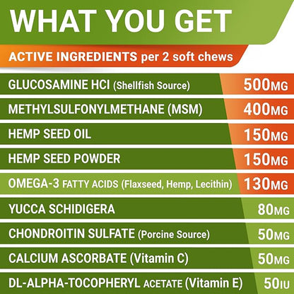 Large Breed Hemp + Glucosamine Dog Joint Supplement - Hemp Chews for Dogs Hip Joint Pain Relief - Omega 3, Chondroitin, MSM - Advanced Mobility Hemp Oil Treats for Large Dogs - Made in USA - 240 Ct