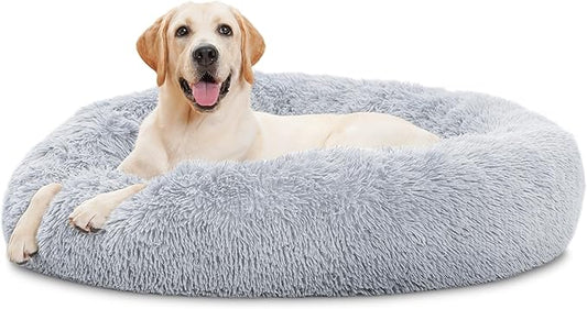 ELSKER&HOME Calming Dog Bed,Donut Washable Warming Soft Round 46 inches Dog Beds for Large Dogs,Anti-Anxiety Fluffy Plush Cushion Bed Fits up to 160 lbs Pets