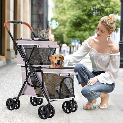 Double Pet Stroller for Dogs and Cats, One-Hand Folding Dog Stroller Travel Carriage for Small Medium Dogs Cats, 4 Wheels, Pink