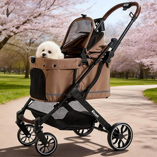 All-Terrain Dog Stroller for Small to Medium Dogs, Pet Stroller for Dogs & Cats Outdoor Walks, One-Hand Easy Fold, Double-Layer Anti-UV & Waterproof Canopy & Breathable Mesh, Mocha Brown