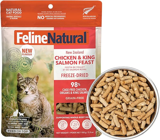 Feline Natural Freeze Dried Cat Food - Grain-Free and High Protein Cat Food from New Zealand, Complete Meal or Topper for Kittens, Adults, and Senior Cats, Chicken and King Salmon, 3.5oz