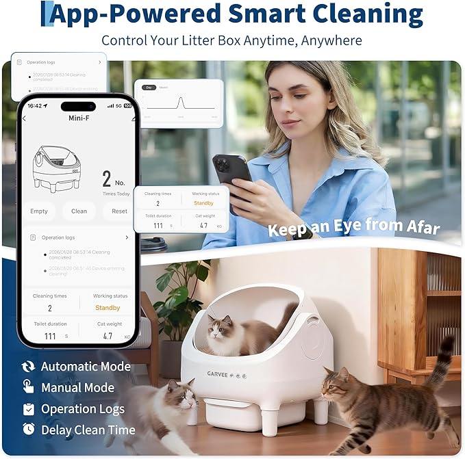 Self Cleaning Litter Box, Automatic Cat Litter Box with APP Control, Odor-Free Waste Disposal Includes Trash Bags, Large Waste Bin, Open-Top Automatic Litter Box for Multiple Cats, White