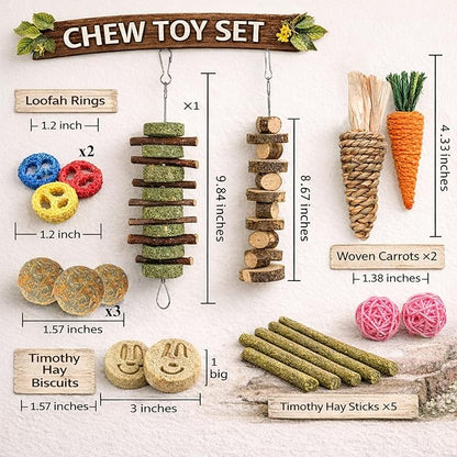 Grddaef 20 PCS Bunny Chew Toys for Teeth, Natural Rabbit Toys Apple Wood Grass Timothy Sticks Chew and Treat for Guinea Pigs Hamster Chinchillas