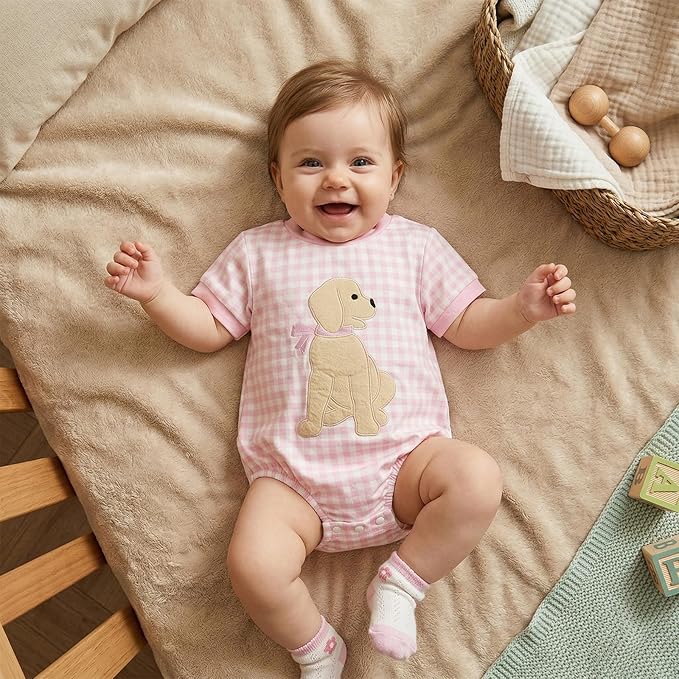 Baby Girl Summer Clothes Dog Bubble Romper Newborn Infant Plaid Onesie Spring Summer Toddler Bodysuit Clothes