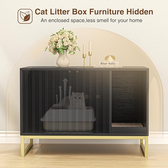 Halitaa Litter Box Enclosure, Modern Cat Litter Box Furniture Hidden Litter Box with Scratch Pad, Cat Washroom House End Table, Entryway Bench for Livingroom (Black)