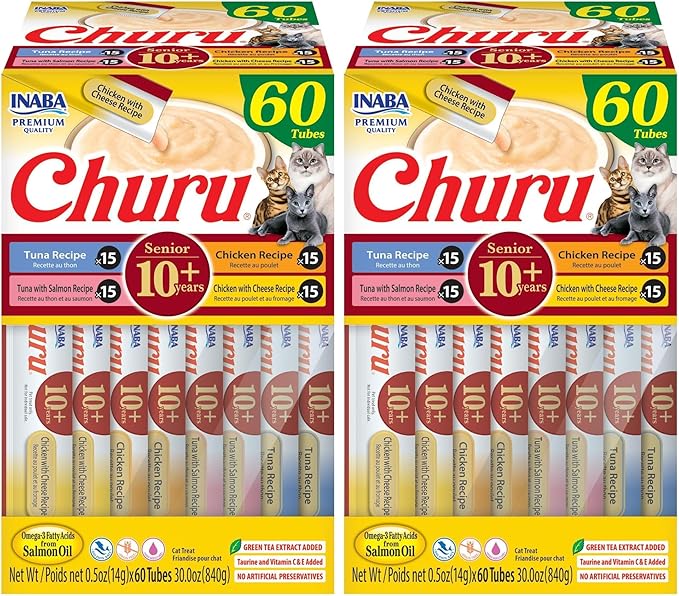 INABA Churu for Senior 10+,Creamy Lickable Cat Treats with Taurine,Vitamin E & C,0.5 Ounces Each,Tubes,Tuna & Chicken Variety,(Pack of 120)