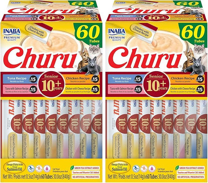 INABA Churu for Senior 10+,Creamy Lickable Cat Treats with Taurine,Vitamin E & C,0.5 Ounces Each,Tubes,Tuna & Chicken Variety,(Pack of 120)