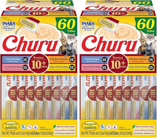 INABA Churu for Senior 10+,Creamy Lickable Cat Treats with Taurine,Vitamin E & C,0.5 Ounces Each,Tubes,Tuna & Chicken Variety,(Pack of 120)