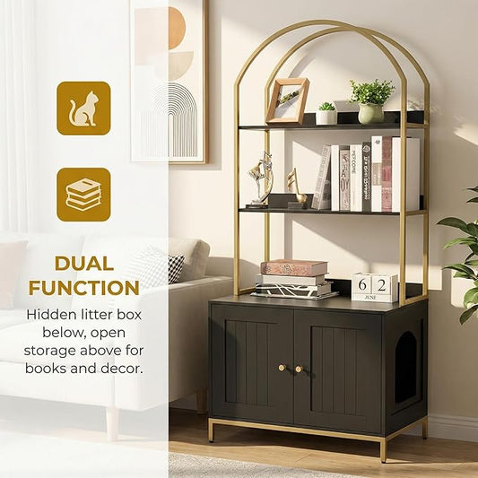 Homhedy Cat Litter Box Enclosure, Litter Box Furniture Hidden with 2-Tier Storage Shelves, Wooden Cat Washroom Furniture with Metal Frame, Modern Style, Black and Gold