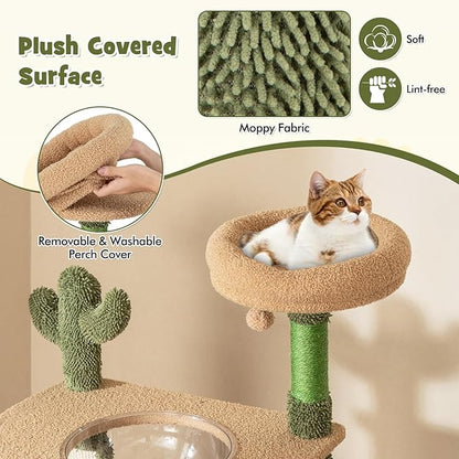 PETSITE 59 inch Cactus Cat Tree Tower, Multi-Level Cat Tower with Sisal Scratching Posts, Board and Rope, Cat Condo, Capsule Bed, Hanging Ball and Self Groomer, Cute Cat Tree for Indoor Cats
