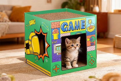 Cardboard Cat House,Scrathing Bed for Cats,Eco-Friendly Pet Furniture,Modern Cat Bed,Hiding Box (Yellow, Large)