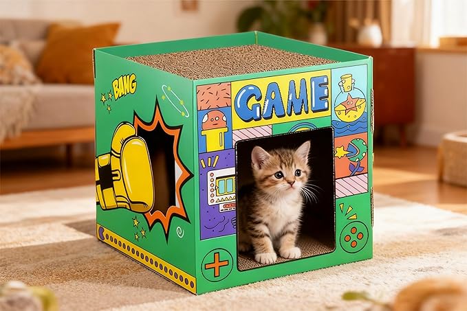 Cardboard Cat House,Scrathing Bed for Cats,Eco-Friendly Pet Furniture,Modern Cat Bed,Hiding Box (Green, Large)