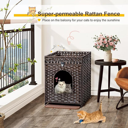 Snughome Cat Litter Box Enclosure Furniture Hidden with Litter Mat, Hidden Cat Washroom Furniture with Door, Handwoven Rattan Cat Washroom Box, Indoor Pet House for Living Room, Bedroom (Brown)